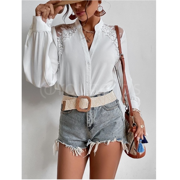 Lace Mesh Embroidery Detail White Button Up Shirt Blouse Long Bishop Sleeve - Picture 6 of 9